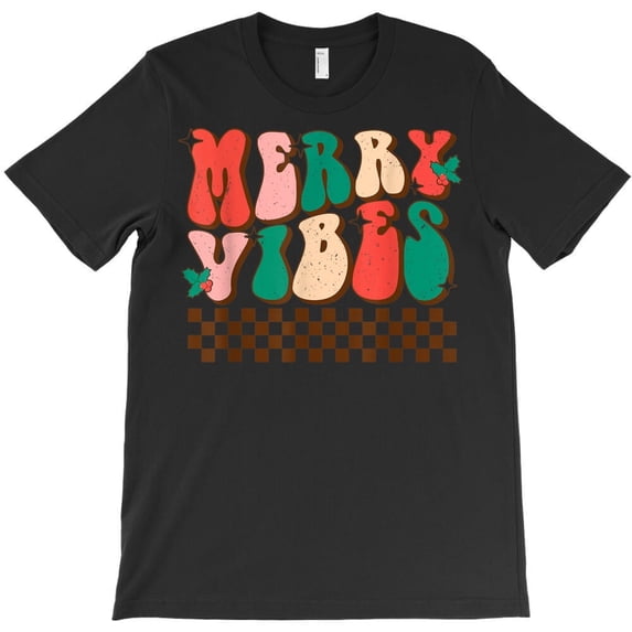 Checkered Retro Groovy Merry Vibes Funny Vintage Christmas Holiday Graphic H4937 Unisex T-Shirt, Up to 5XL Available