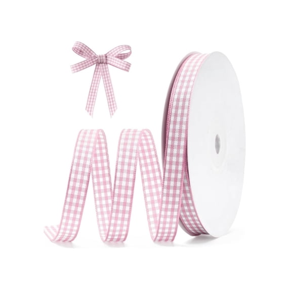 Checkered Ribbon,QZS Reusable Picnic Craft Ribbon for Indoor,1Pack Portable Polyester Gift Wrapping Accessories for Hair Bows,Pink and White,147.6Ft