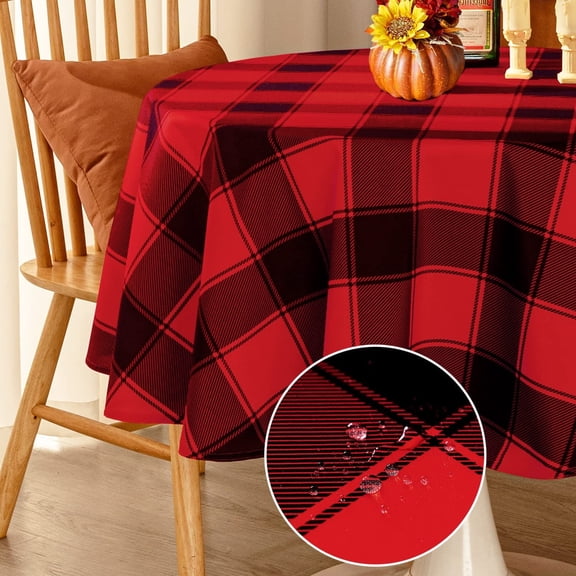 Checkered Round Christmas Tablecloth - Waterproof and Washable Gingham Xmas Table Cloth Holiday Decorative Table Cover for Party, Red/Black 60 Inch
