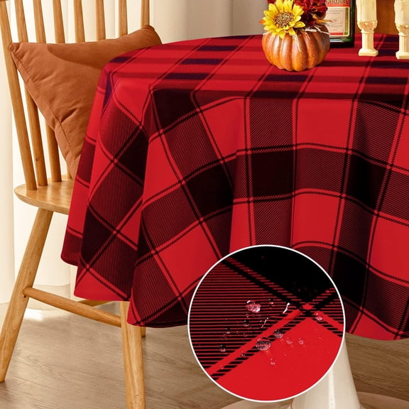 Checkered Round Christmas Tablecloth - Waterproof and Washable Gingham Xmas Table Cloth Holiday Decorative Table Cover for Party, Red/Black 60 Inch