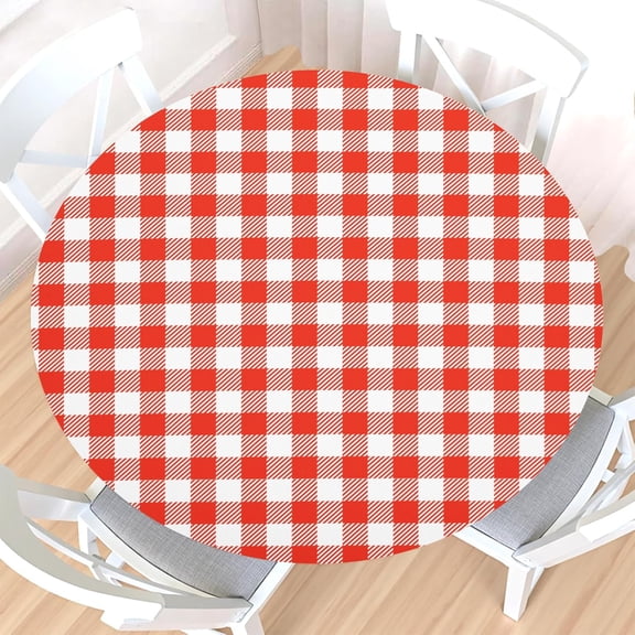 Checkered Round Fitted Tablecloth with Elastic Edge,Water&Stain-Resistant Wipeable Picnic White and Red Orange Buffalo Plaid Table Cover for 44-48" Found Tables for Dinner,Outdoor,Patio,Camping