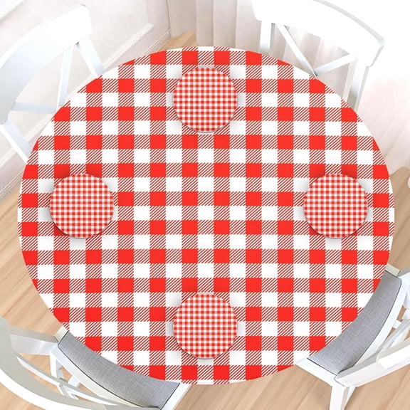 Checkered Round Fitted Tablecloth with Elastic Edge White and Red Orange Buffalo Plaid Table Cover for 48-52" Stretch Table Cloth for Dinner Indoor Outdoor Party