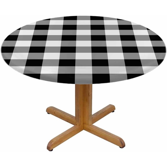 Checkered Round Table Cloth Black White Geometric Square Abstract Rustic Buffalo Plaid Elastic Edged Table Cover Fade and Stain Resistant Table Cloths Easy to Clean Fits Tables 40-44" Diameter