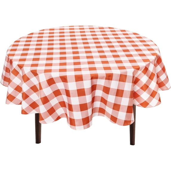 Checkered Round Tablecloth 60 Inch - Waterproof Stain and Wrinkle Resistant Washable Fabric Table Cloth for Dining Room Party Outdoor Picnic, Pumpkin Orange and White