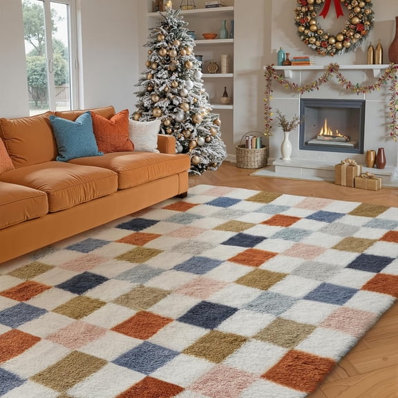 Checkered Rug 5x8 for Living Room, Modern Rainbow Shag Rug Super Soft Washable Indoor Fuzzy Carpet Non-Slip Fluffy Rugs for Bedroom Home Aesthetic Decor