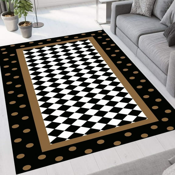 Checkered Rug, Black Border on Check Pattern Non-Slip Area, Black and White for Living Room, Chic Floor Mat, Modern Washable Rubber Back, Non-Shedding Low-Pile 2x3ft