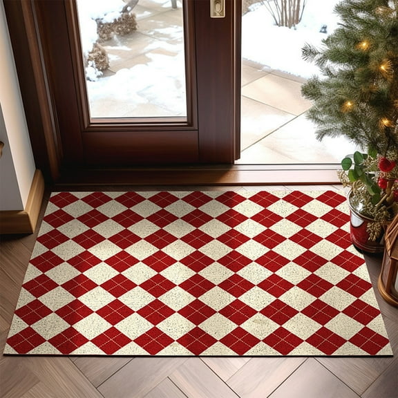Checkered Rug Door Mat Outdoor Outdoor Washable Front Door Rug Layered Doormats for Front Porch Entryway Christmas Foyer Floor Mats, for Xmas Holiday Decor (Red)