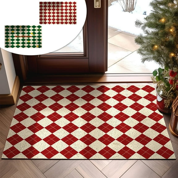 Checkered Rug, Outdoor Door Mat, Washable Front Porch Entryway Doormat, Layered Design, Durable Cotton Polyester Blend, Red Green Plaid, Thick Heavy Duty, Indoor Outdoor Use, Holiday Floor Mat