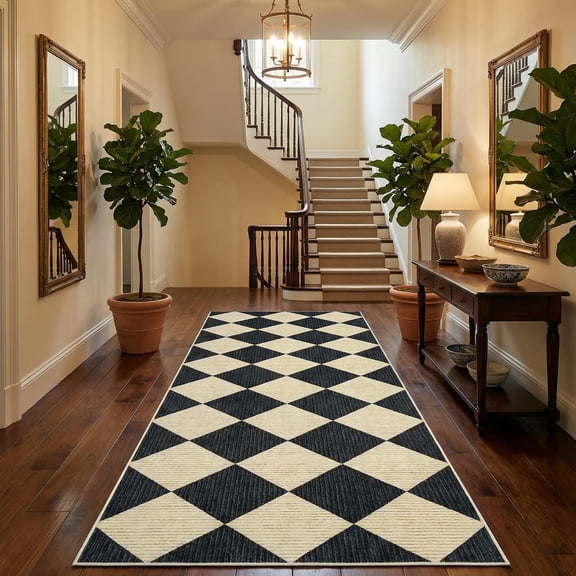 Checkered Rug Runners for Hallways, 2x6 Soft Diamond Print Kitchen Runner with Non Slip Backing Entryway Rug Thin Laundry Mat Stain Resistant Carpet for Bedroom Bathroom Beside Mat