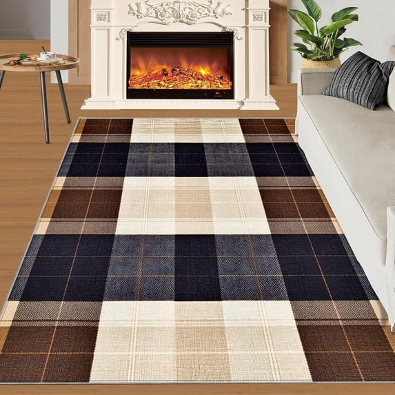 Checkered Rug,Washable Area Rug for Bedroom,Non-Slip Black Brown Indoor ...