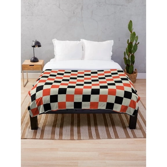 Checkered Sherpa Throw Blanket, 2-Layer Polyester Fleece Blanket, Black Orange Cream Checker Pattern, Soft Bed Couch Blanket, Multiple Sizes