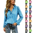 thumbnail image 1 of Checkered Shirt for Women Gingham Plaid Long Sleeve Shirts Ruffle V Neck Button Down Loose Blouse Tops with Ruffled Cuffs, 1 of 8