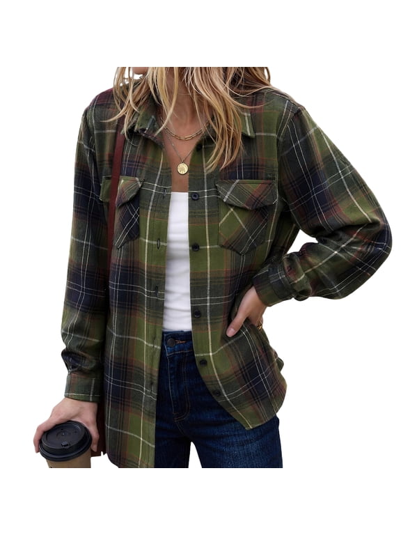 Checkered Shirts for Women Loose Fit Flannel Shirt Women Long Sleeve Button Down Collared Fall Shackets Lightweight fall outfits