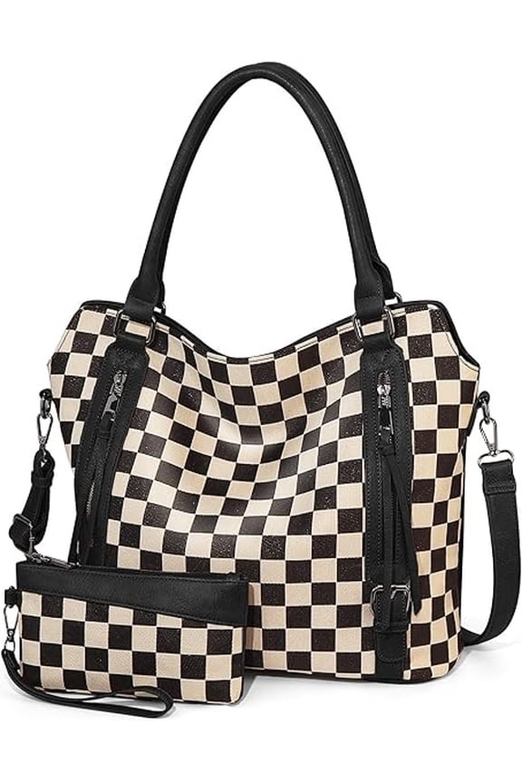 Checkered Shoulder Bag,Two-piece Set Handbag,Multi Pocket Sloping Shoulder Handbag,Fashionable Handbag With Wallet.