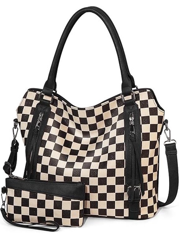 Checkered Shoulder Bag,Two-piece Set Handbag,Multi Pocket Sloping Shoulder Handbag,Fashionable Handbag With Wallet.