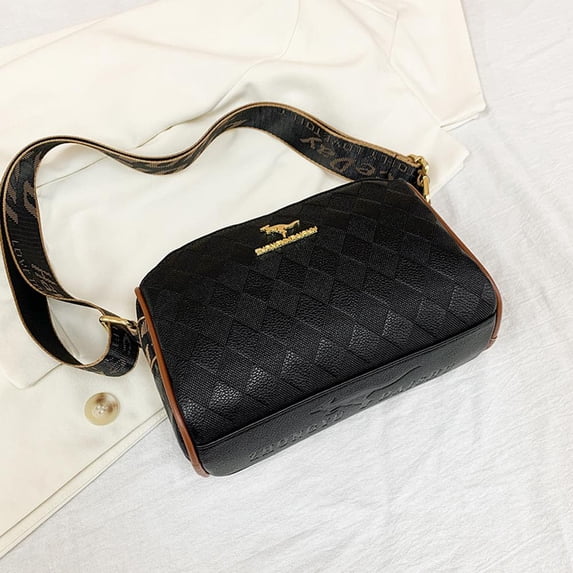 Checkered Shoulder Bag for Women, Retro Wide Strap Crossbody Purse, PU Leather Fashion Handbag