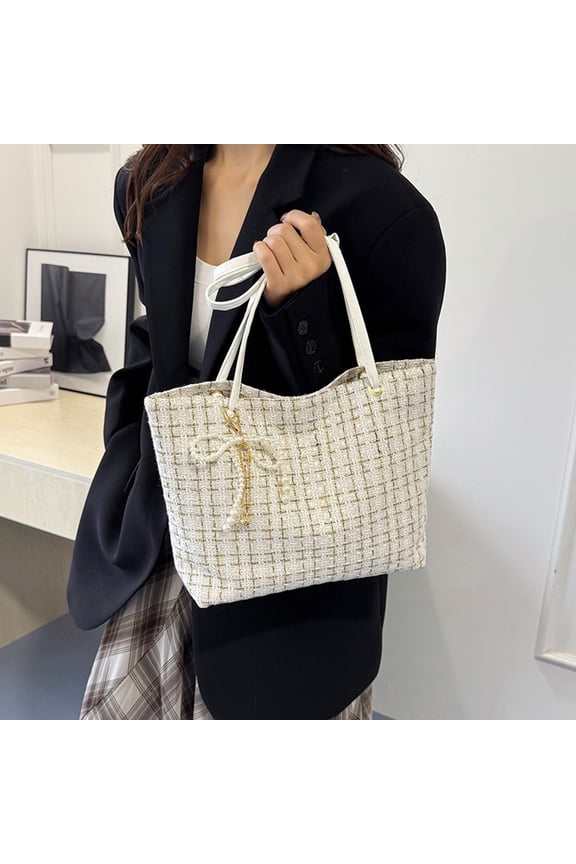 Checkered Shoulder Crossbody Handbag with Bow and Pearl Chain Stylish Women’s Tote Portable Daily Purse Compact Organizer for Phone Wallet Makeup Suitable for Work Travel and Outings