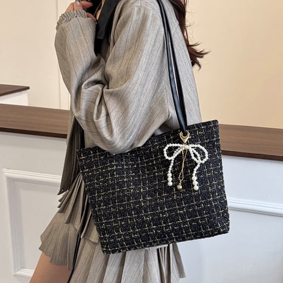 Checkered Shoulder Crossbody Handbag, Polyester Plaid Purse with Bow and Pearl Chain, Adjustable Strap Compact Tote with Compartments for Phone Wallet Makeup Shopping Travel