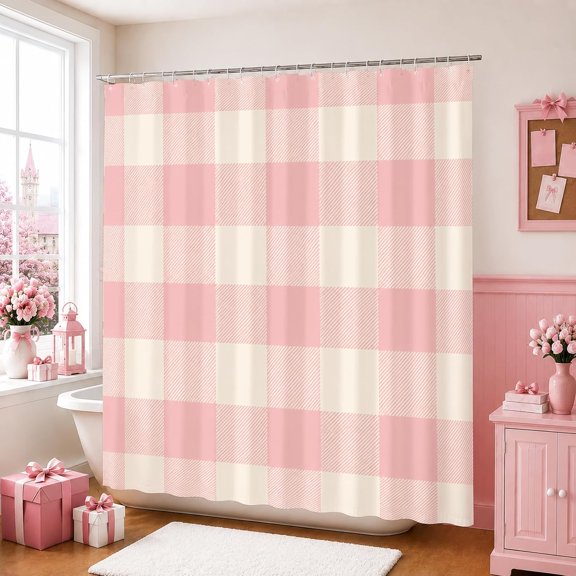 Checkered Shower Curtain, Modern Chic Squares Bath Curtain, Peach Geometric Bathroom Decor, Waterproof Polyester Fabric with Hooks 36"W x 72"H