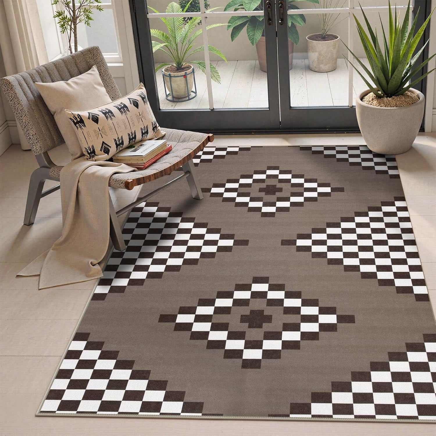 Checkered Simple Jute 3x5 Outdoor Patio Rug, Washable Area Rug for ...