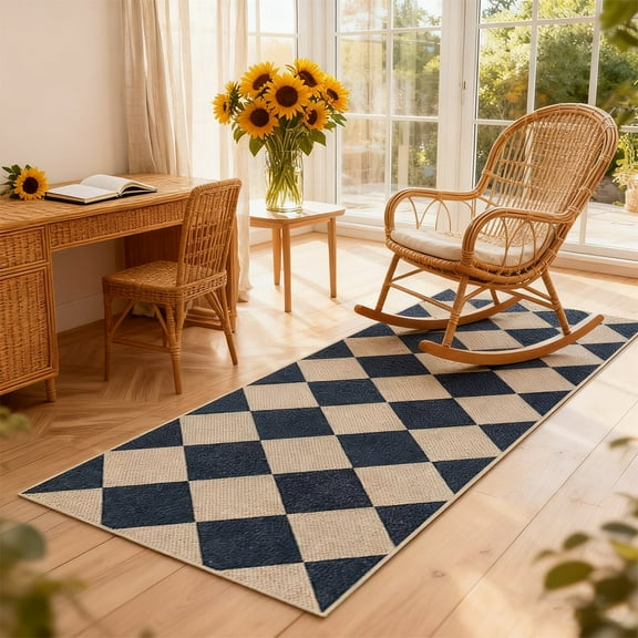 Checkered Simple Jute Rug, Washable Rug With Non-Slip Backing, Black And Natural Color, 2'x6' Rectangle