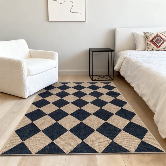 Checkered Simple Jute Rug, Washable Rug With Non-Slip Backing, Black And Natural Color, 3'x5' Rectangle