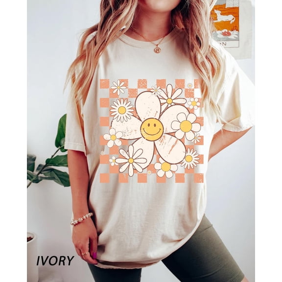 Checkered Smiley Flowers Retro Happy Face T-Shirt All Size S-3Xl