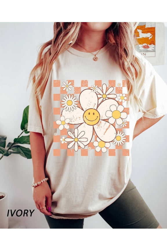 Checkered Smiley Flowers Retro Happy Face T-Shirt All Size S-3Xl