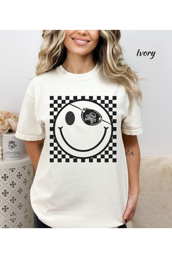 Checkered Smiley Pirate Graphic Tee, Retro Gasparilla Throwback Design, Vintage Coastal Festival Theme Comfort Colors Unisex Cotton T-Shirt, Size S-3XL