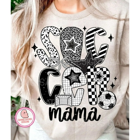 Checkered Soccer Mama Sweatshirt, Retro Game Day Coquette Pullover, Brushstroke Soccer Bow Doodle Sweater for Moms