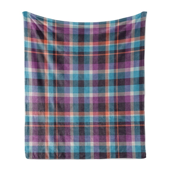 Checkered Soft Flannel Fleece Blanket, Celtic Tartan Irish Culture Scotland Country Antique Tradition Tile, Cozy Plush for Indoor and Outdoor Use, 70" x 90", Violet Pale Blue Salmon, by Ambesonne