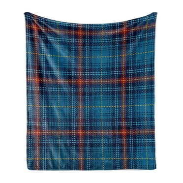 Checkered Soft Flannel Fleece Blanket, Cultural Pattern with Thin Lines Irish Traditional Design in Blue Colors, Cozy Plush for Indoor and Outdoor Use, 50" x 70", Blue Navy Blue Red, by Ambesonne