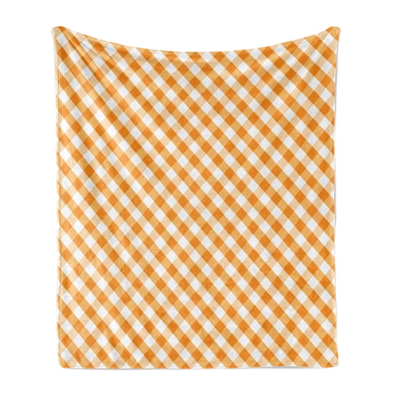 Checkered Soft Flannel Fleece Blanket, Diagonal Gingham Pattern in Orange and White Tones Old Fashioned Classical Tile, Cozy Plush for Indoor and Outdoor Use, 50" x 60", Orange White, by Ambesonne