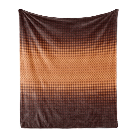 Checkered Soft Flannel Fleece Blanket, Grid Pattern with Vignette Effect Squares Abstract Mosaic Composition, Cozy Plush for Indoor and Outdoor Use, 50" x 60", Dark Brown and Orange, by Ambesonne
