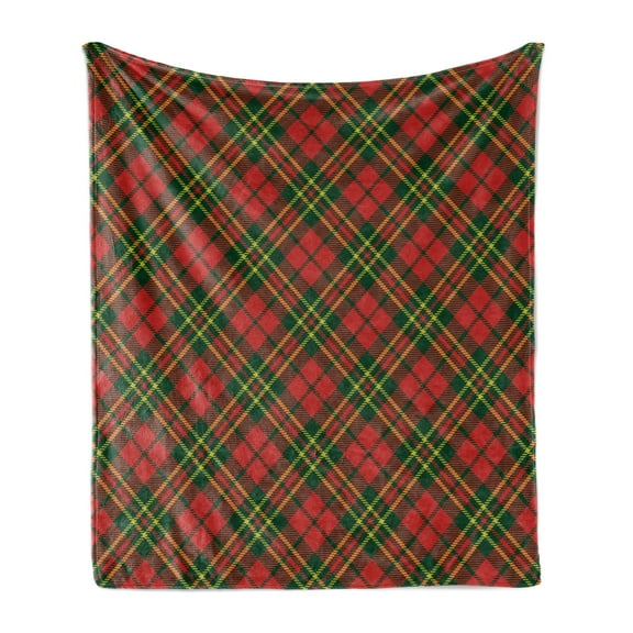 Checkered Soft Flannel Fleece Blanket, Irish Tartan Plaid Motifs in Christmas Colors Geometrical Stripes, Cozy Plush for Indoor and Outdoor Use, 60" x 80", Emerald Yellow Vermilion, by Ambesonne