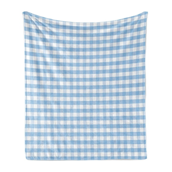 Checkered Soft Flannel Fleece Blanket, Little Squares and Stripes Pastel Color Gingham Repeating Rows Vintage Tile, Cozy Plush for Indoor and Outdoor Use, 70" x 90", Pale Blue White, by Ambesonne
