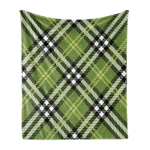 Checkered Soft Flannel Fleece Throw Blanket, Classical Celtic Pattern Symmetrical Stripes and Squares Print, Cozy Plush for Indoor and Outdoor Use, 50" x 60", Pale Yellow Fern Green, by Ambesonne