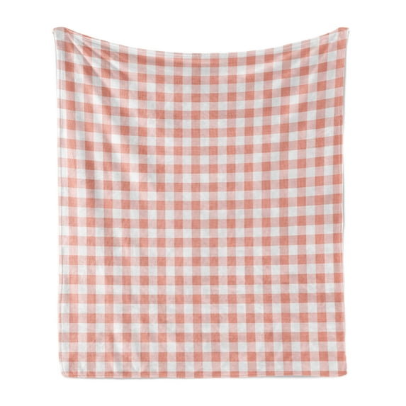 Checkered Soft Flannel Fleece Throw Blanket, Picnic in Countryside Themed Gingham Pattern in Soft Colored Print, Cozy Plush for Indoor and Outdoor Use, 50" x 60", Pale Peach and White, by Ambesonne