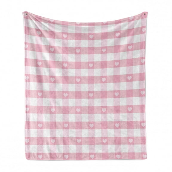 Checkered Soft Flannel Fleece Throw Blanket, Romantic Pattern with Little Hearts Children Kids Girlish Design, Cozy Plush for Indoor and Outdoor Use, 50" x 70", Baby Pink White, by Ambesonne