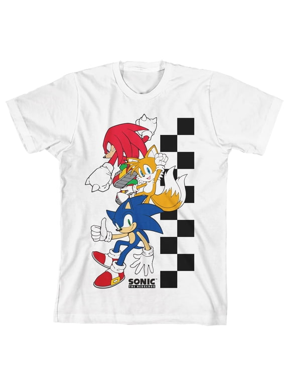 Checkered Sonic The Hedgehog, Tails and Knuckles Youth Boy's White T-Shirt-XL