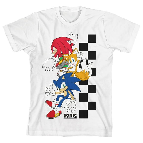 Checkered Sonic The Hedgehog, Tails and Knuckles Youth Boy's White T-Shirt-XS