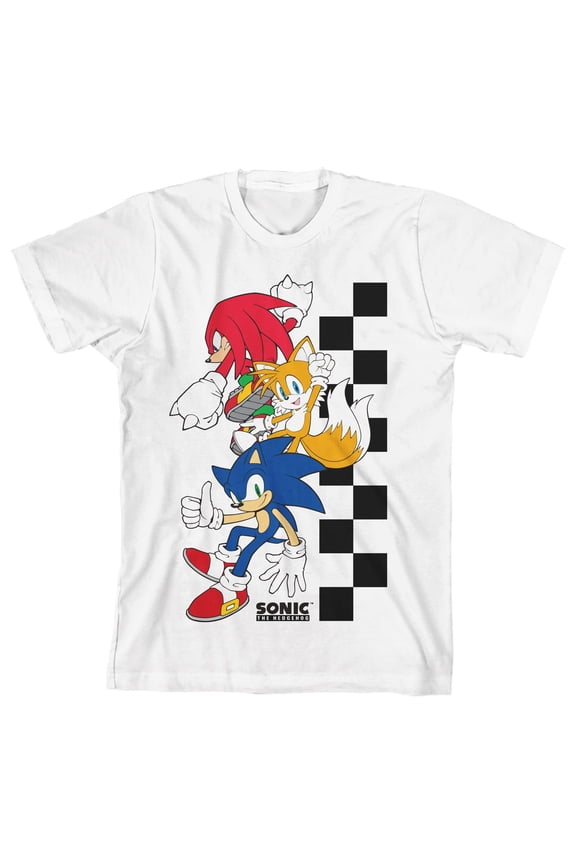 Checkered Sonic The Hedgehog, Tails and Knuckles Youth Boy's White T-Shirt-XS