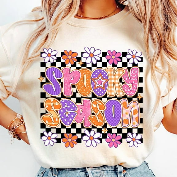 Checkered Spooky Season T-Shirt Floral Halloween Coquette Ghost Preppy Pumpkin Girly Fall Shirt Design