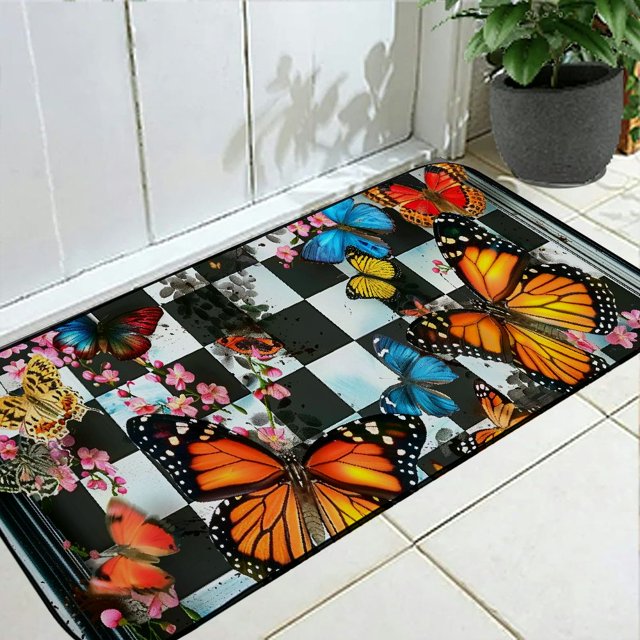 Checkered Spring Doormat Floral Butterfly Indoor Outdoor.
