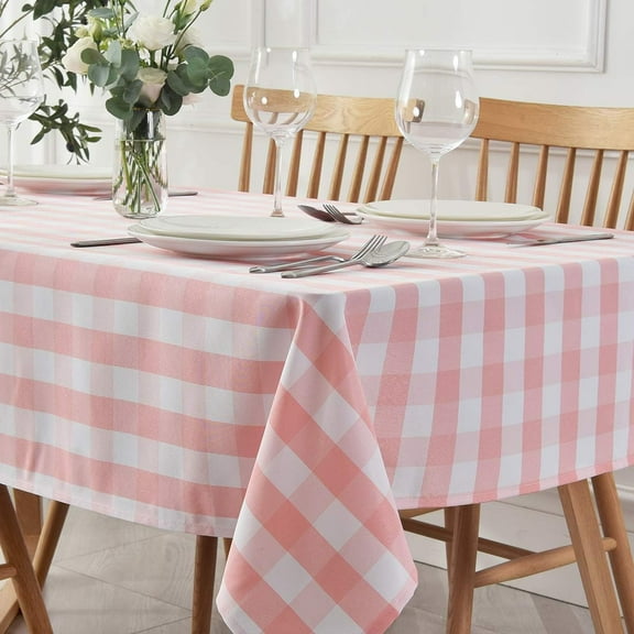 Checkered Square Tablecloth Stain Resistant Waterproof and Wrinkle Resistant Washable Heavy Weight Soft Table Cloth Gingham for Dining Room and Outdoor Use, 52 x 52 Inch Pink and White