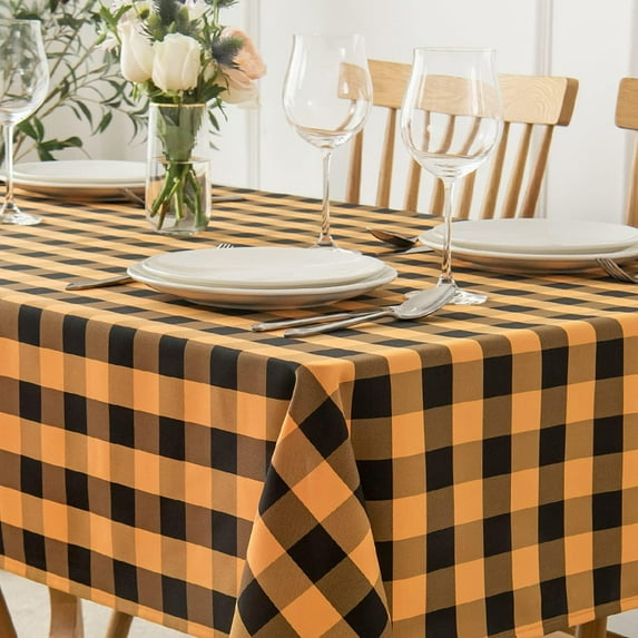 Checkered Square Tablecloth Waterproof Spillproof Wrinkle Resistant Heavy Weight Soft Gingham Table Cloth for Halloween Decoration Parties Washable Fabric, 60 x 60 Inch, Black and Orange