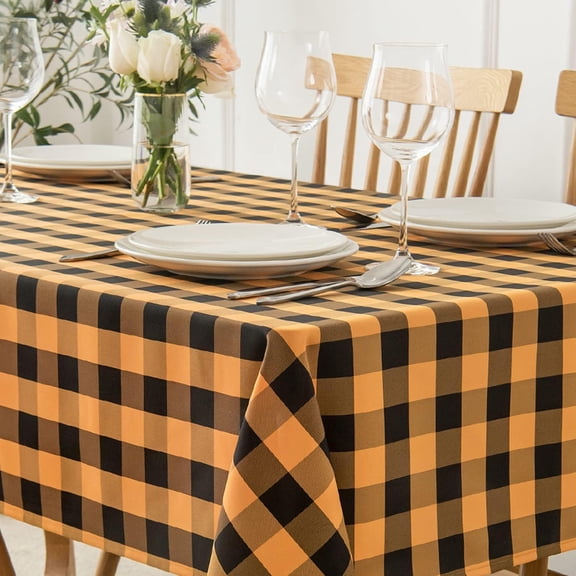 Checkered Square Tablecloth Waterproof Spillproof Wrinkle Resistant Heavy Weight Soft Gingham Table Cloth for Halloween Decoration Parties Washable Fabric, 60 x 60 Inch, Black and Orange