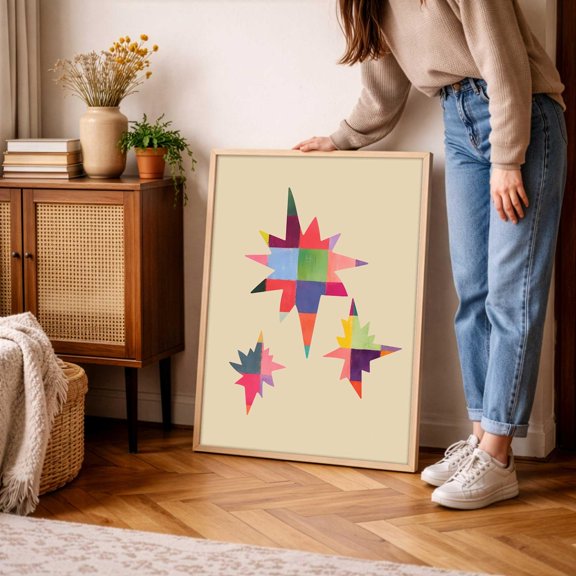 Checkered Star Decor Whimsical Geometric Design Color Therapy Artwork Eclectic Home Decor