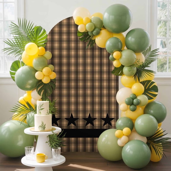 Checkered Stars Arch Backdrop Cover, 6.6FT, Retro Brown Black Plaid Art Spandex Arch Covers Double-Sided Backdrop for Wedding Birthday Party Photo Background Decoration