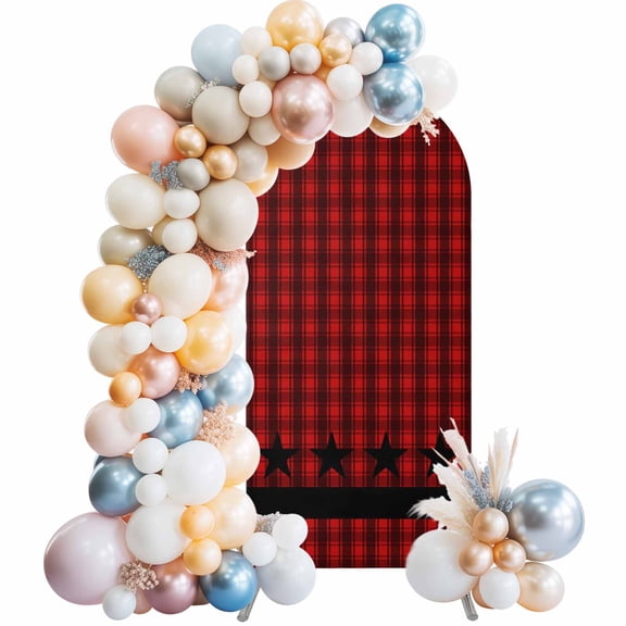 Checkered Stars Arch Backdrop Cover 6 FT Retro Red Black Plaid Art Stretchy Elastic Arch Stand Covers Spandex Arched Background Birthday Wedding Party Decoration (No Stand)